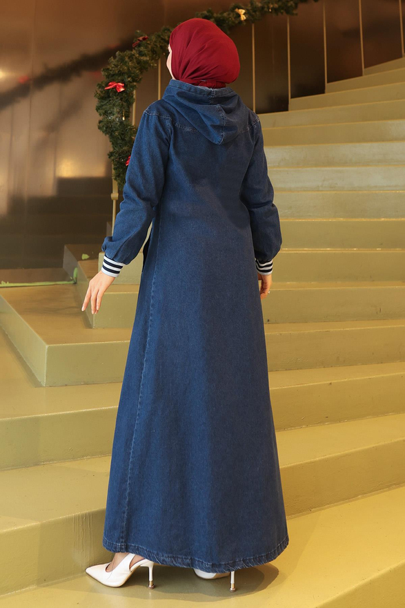 Kapşonlu Ribanalı Kot Ferace Koyu Mavi 19280