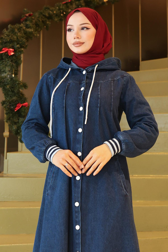 Kapşonlu Ribanalı Kot Ferace Koyu Mavi 19280