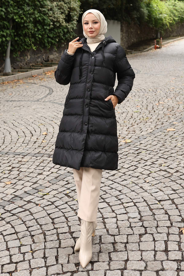 Kapşonlu Şişme Mont Siyah 10361