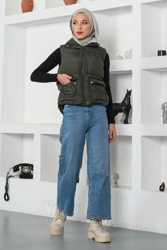 Kapşonlu Şişme Yelek Haki 9471