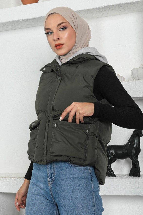 Kapşonlu Şişme Yelek Haki 9471