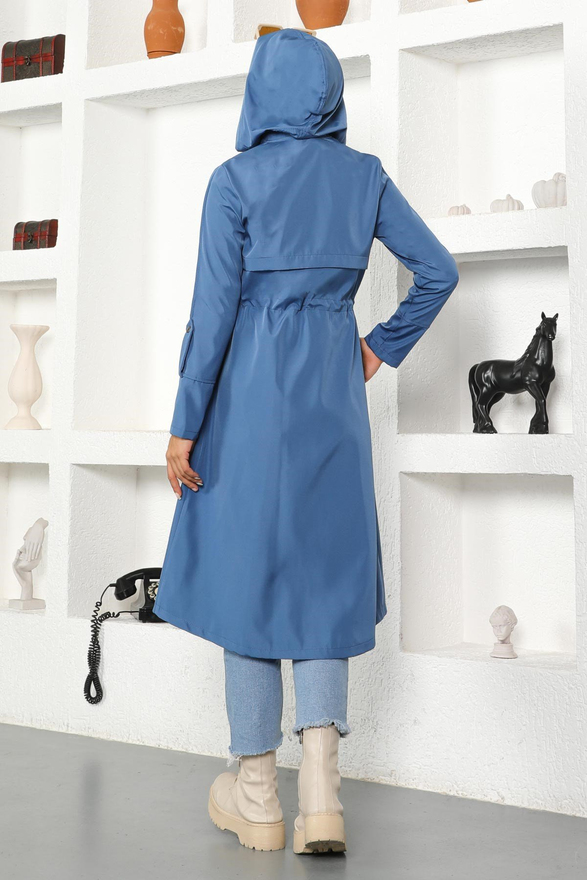 Kapşonlu Trençkot Mavi 10744