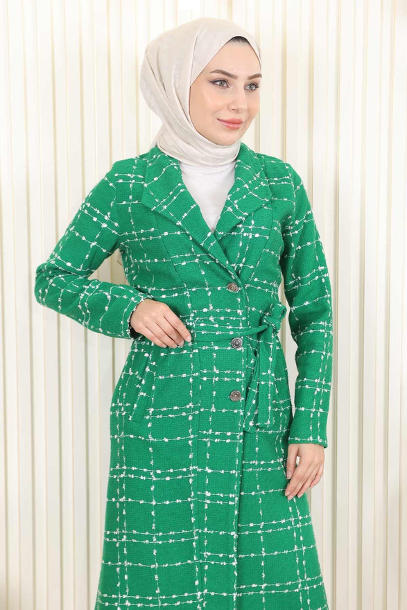 Kemer Detaylı Düğmeli Kaşe Kaban Zümrüt 19176