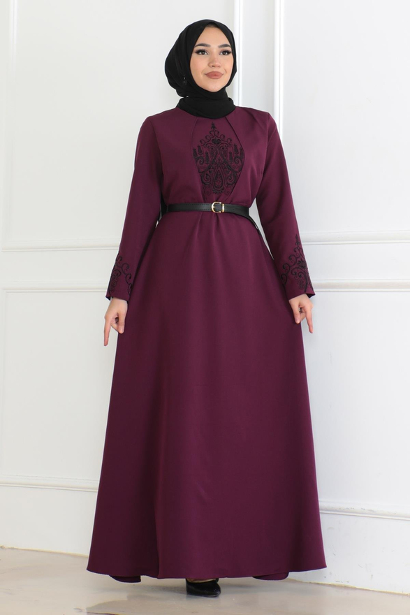 Kemer Detaylı Elbise Mürdüm 6116