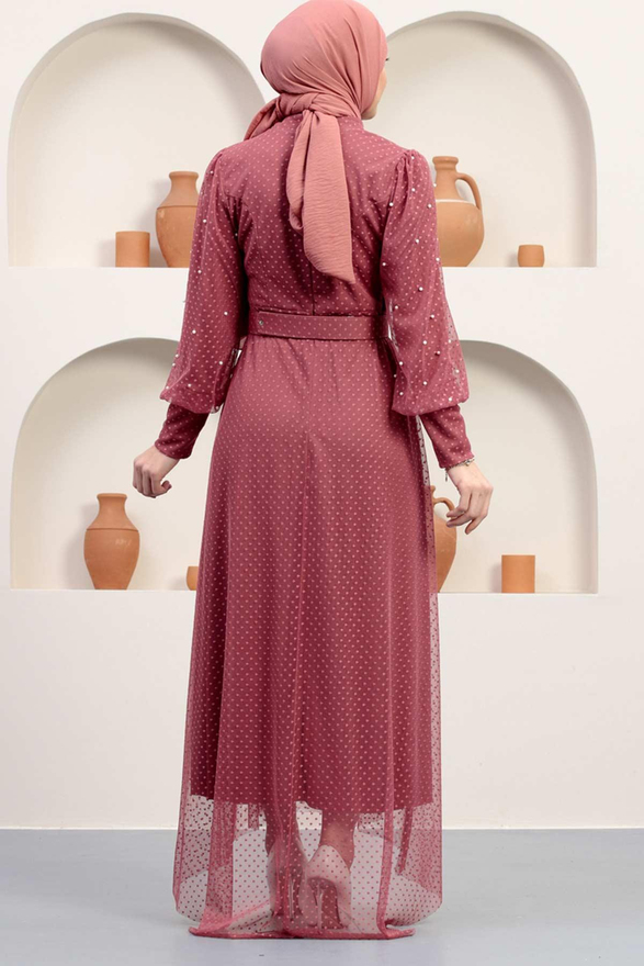 Kemeri Taşlı Tül Abiye Gül Kurusu 12242