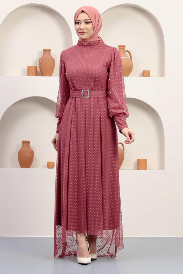 Kemeri Taşlı Tül Abiye Gül Kurusu 12242