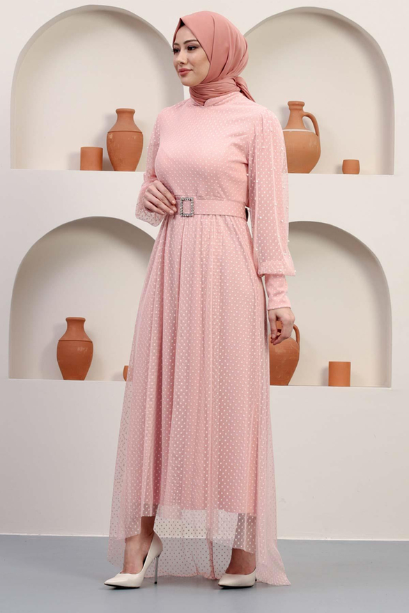 Kemeri Taşlı Tül Abiye Pudra 12242