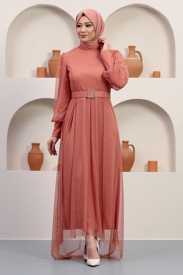 Kemeri Taşlı Tül Abiye Somon 12242