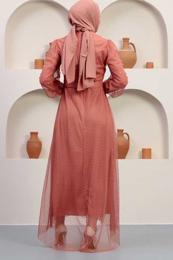 Kemeri Taşlı Tül Abiye Somon 12242