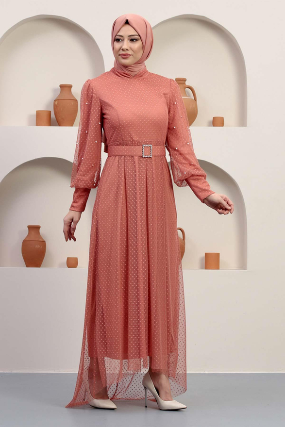 Kemeri Taşlı Tül Abiye Somon 12242