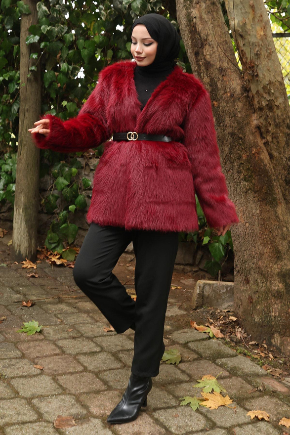 Kemerli Kürklü Ceket Bordo 19278