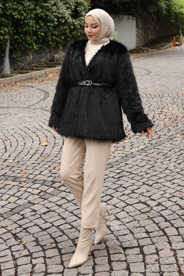 Kemerli Kürklü Ceket Siyah 19278