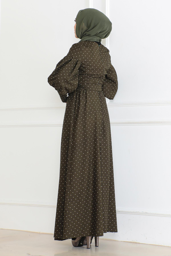 Kemerli Puantiyeli Elbise Haki 6120