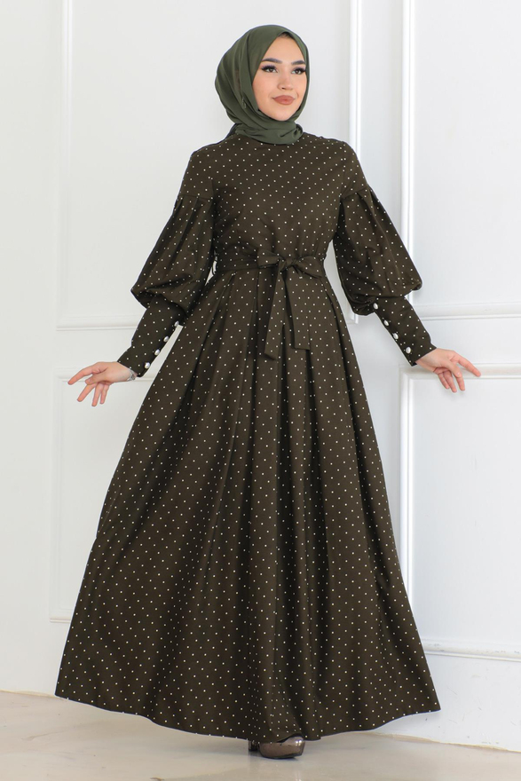 Kemerli Puantiyeli Elbise Haki 6120