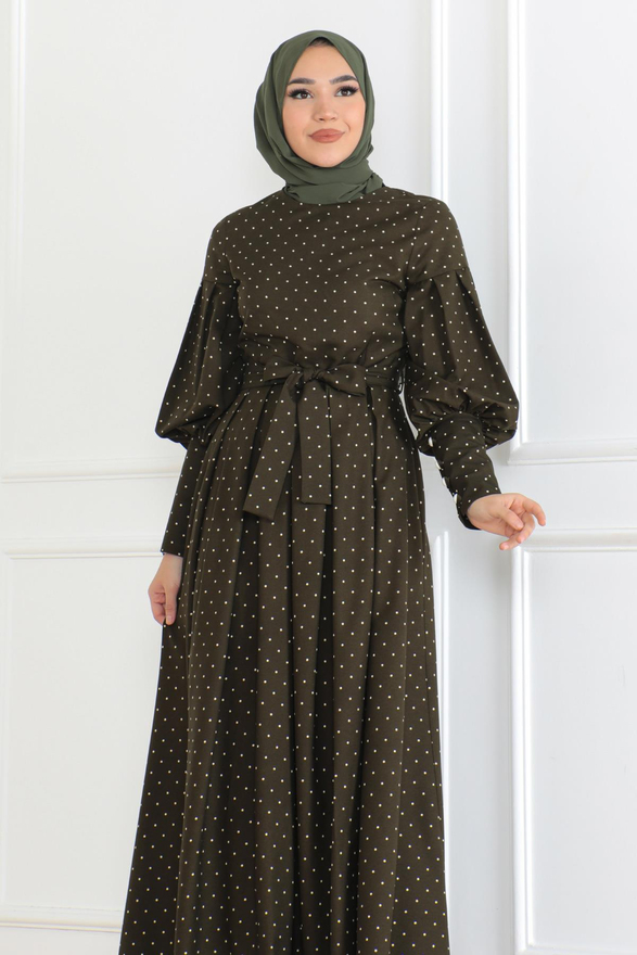 Kemerli Puantiyeli Elbise Haki 6120