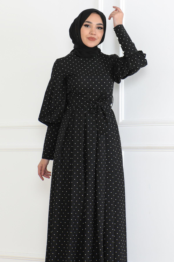 Kemerli Puantiyeli Elbise Siyah 6120