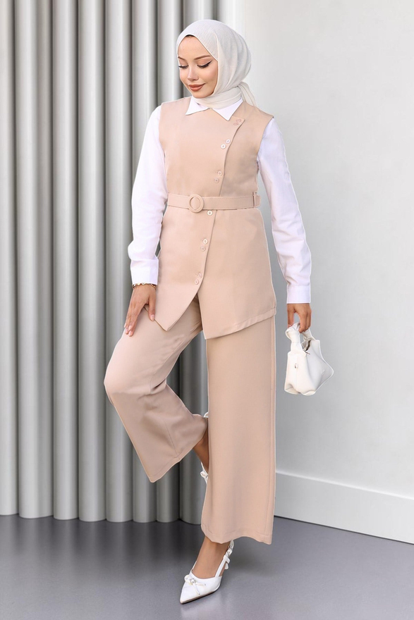 Kemerli Yelek Pantolon Takım Bej 19250