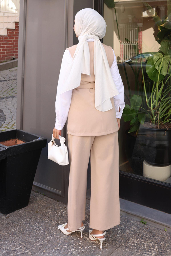 Kemerli Yelek Pantolon Takım Bej 19250