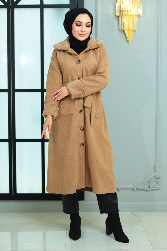 Kürk Detaylı Kaşe Kaban Vizon 19175