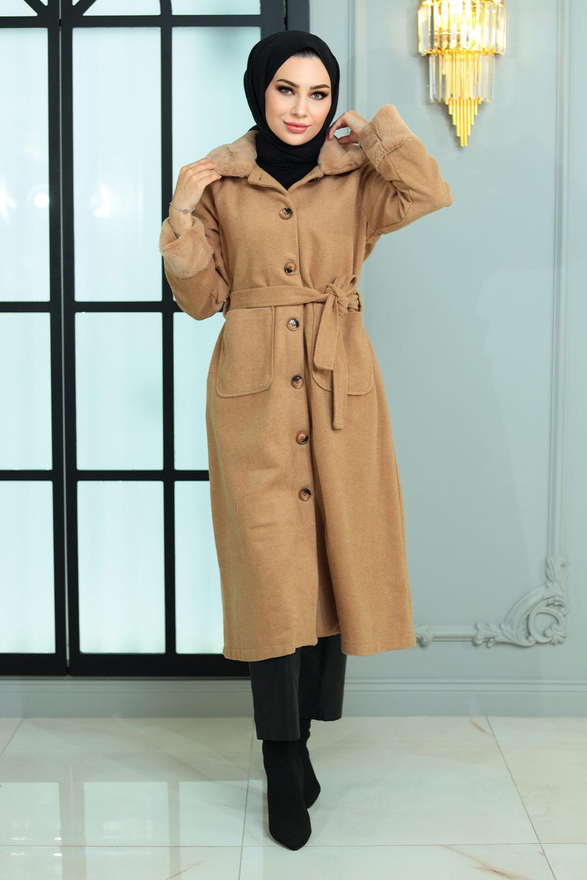 Kürk Detaylı Kaşe Kaban Vizon 19175