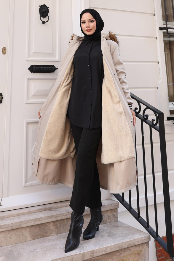 Kürk Yakalı Beli Bağcıklı Mont Bej 19269