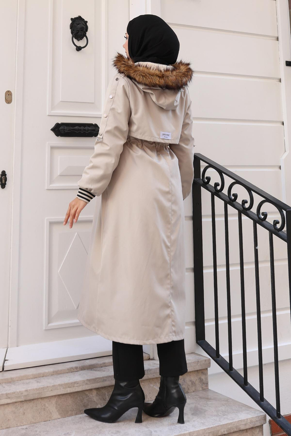 Kürk Yakalı Beli Bağcıklı Mont Bej 19269