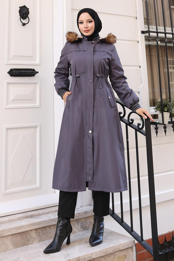 Kürk Yakalı Beli Bağcıklı Mont Gri 19269