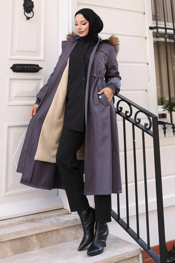 Kürk Yakalı Beli Bağcıklı Mont Gri 19269