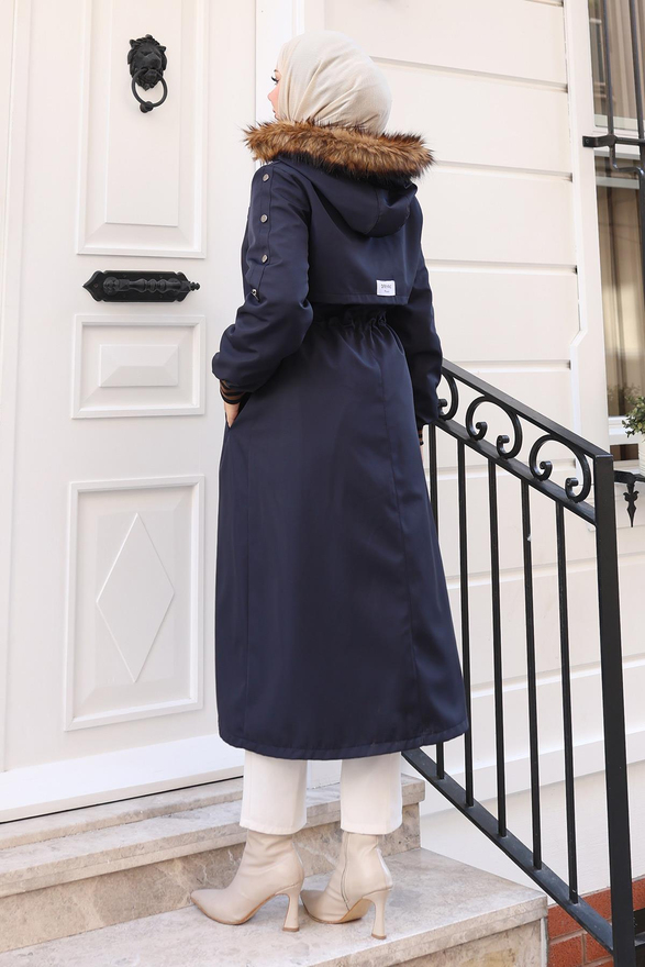 Kürk Yakalı Beli Bağcıklı Mont Lacivert 19269
