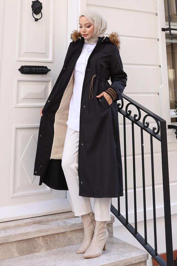 Kürk Yakalı Beli Bağcıklı Mont Siyah 19269