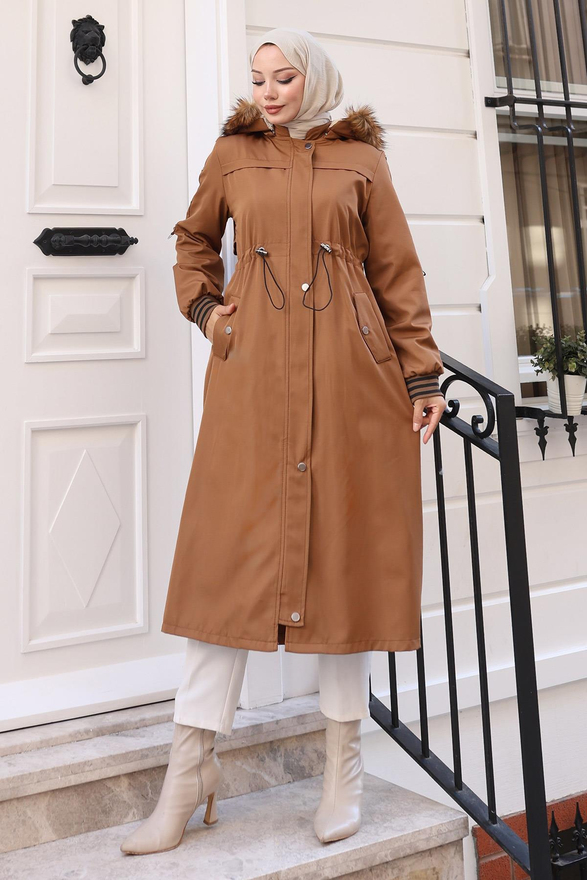 Kürk Yakalı Beli Bağcıklı Mont Taba 19269