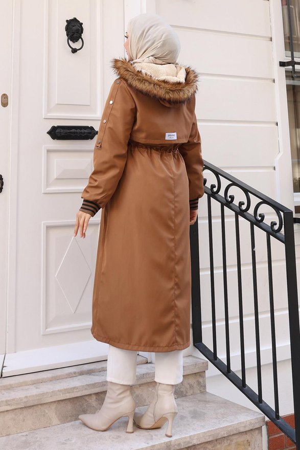 Kürk Yakalı Beli Bağcıklı Mont Taba 19269