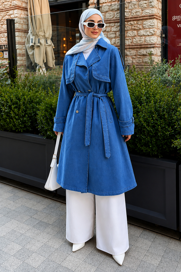 Kuşak Detaylı Denim Trençkot Açık Mavi 19320