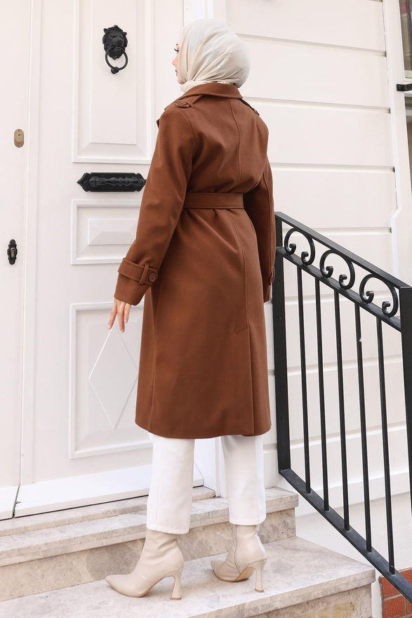 Kuşaklı Kaşe Kaban Kahverengi 19271