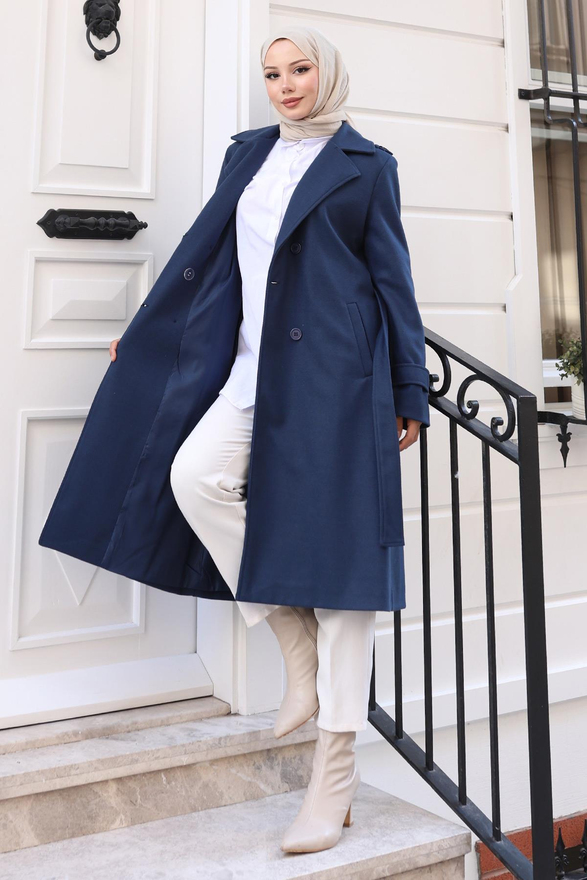 Kuşaklı Kaşe Kaban Lacivert 19271