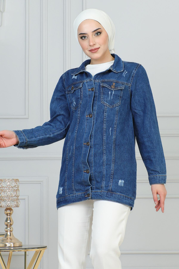 Lazer Detaylı Kot Ceket Mavi 6097