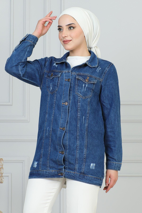 Lazer Detaylı Kot Ceket Mavi 6097