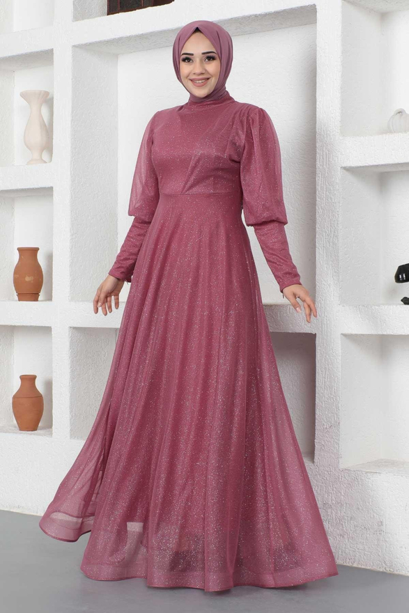 Manşeti Fermuar Detaylı Simli Abiye Gül Kurusu 12253