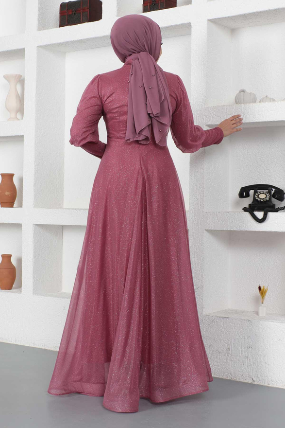 Manşeti Fermuar Detaylı Simli Abiye Gül Kurusu 12253