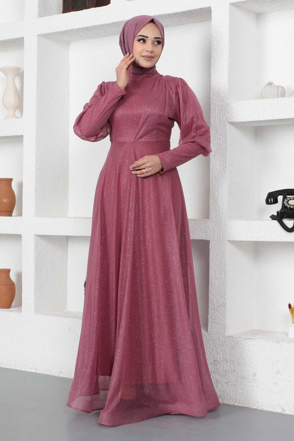 Manşeti Fermuar Detaylı Simli Abiye Gül Kurusu 12253