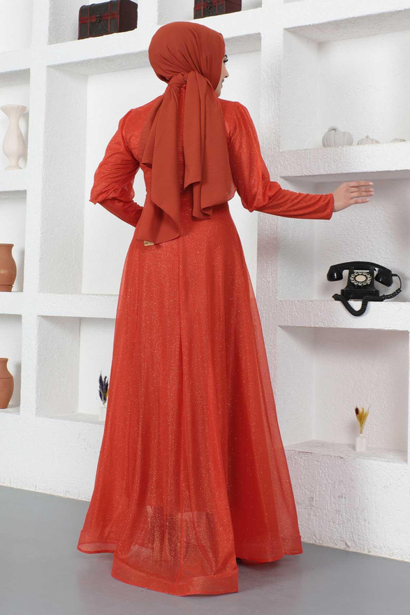 Manşeti Fermuar Detaylı Simli Abiye Kiremit 12253