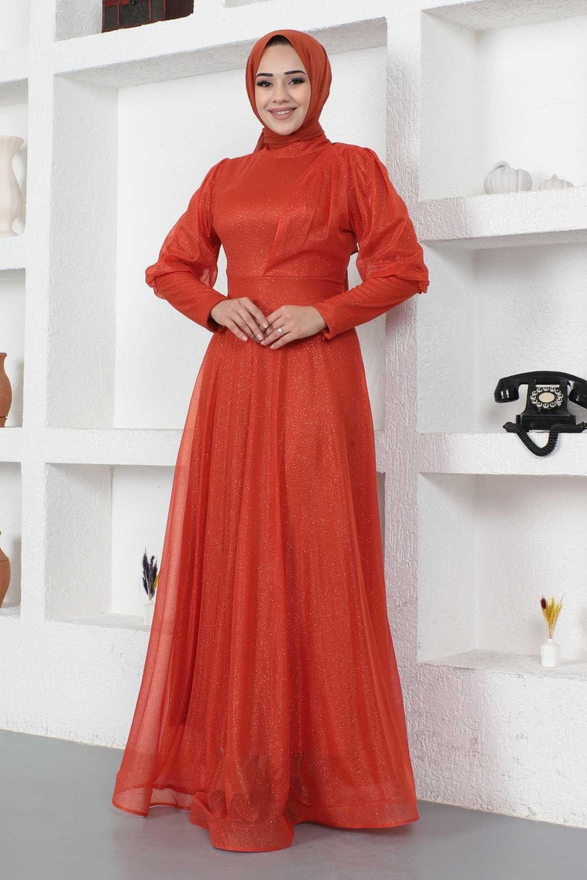 Manşeti Fermuar Detaylı Simli Abiye Kiremit 12253