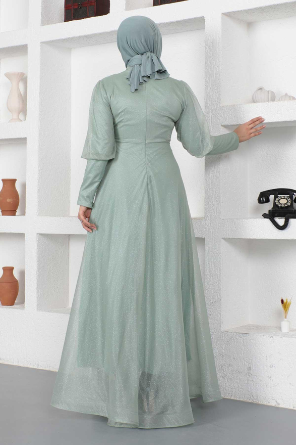 Manşeti Fermuar Detaylı Simli Abiye Mint 12253