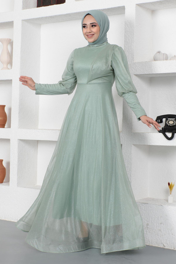 Manşeti Fermuar Detaylı Simli Abiye Mint 12253