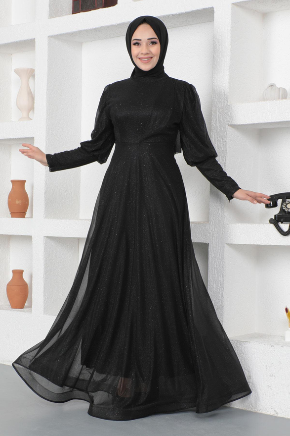 Manşeti Fermuar Detaylı Simli Abiye Siyah 12253