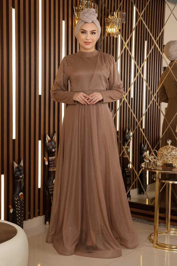 Manşeti Fermuar Detaylı Simli Abiye Vizon 12253