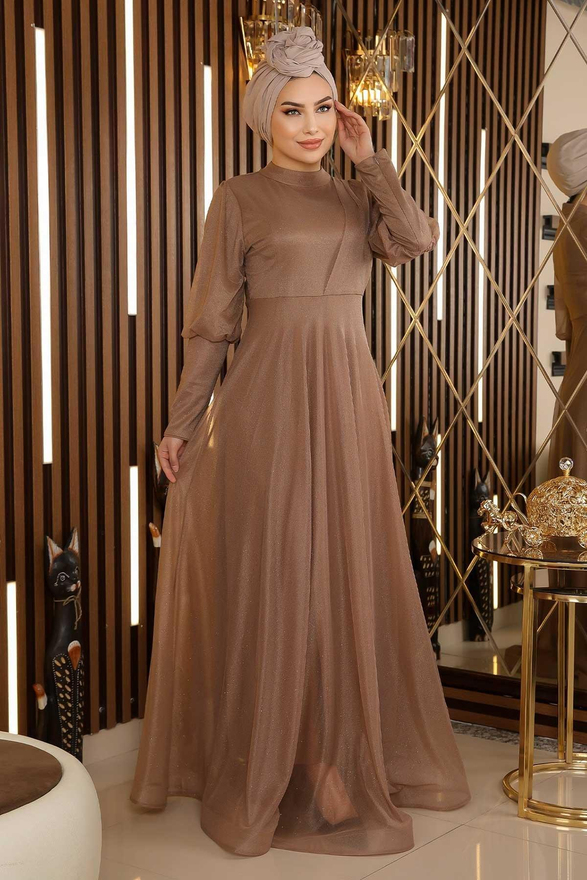 Manşeti Fermuar Detaylı Simli Abiye Vizon 12253