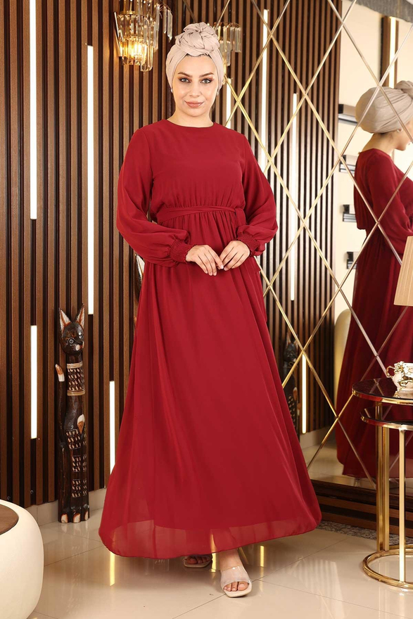 Manşeti Lastikli Şifon Abiye Bordo 12003