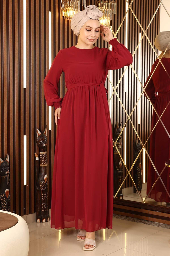 Manşeti Lastikli Şifon Abiye Bordo 12003