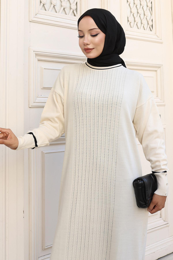 Manşeti Taş Detaylı Triko Elbise Beyaz 6150